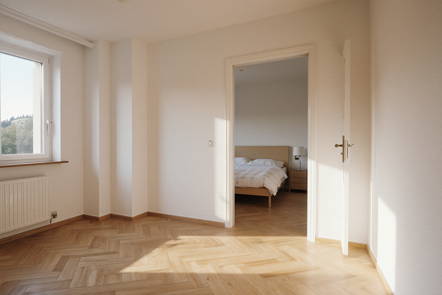 Heller Wohnraum mit Blick in ein getrenntes Schlafzimmer