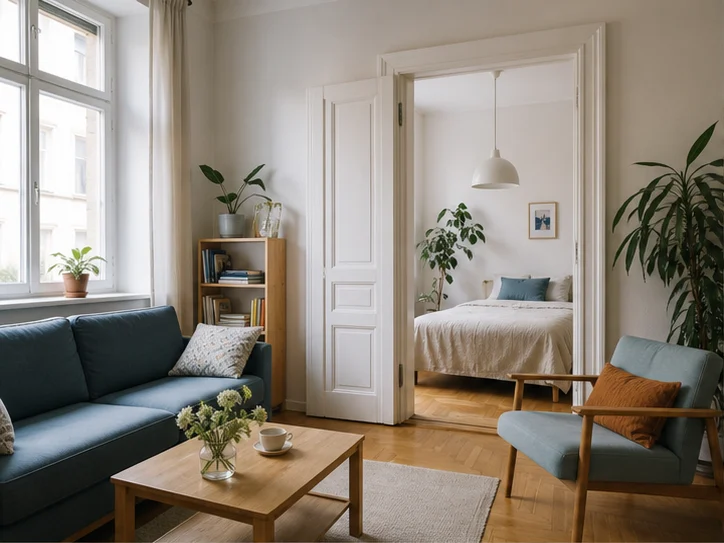 Heller Wohnraum mit Blick in ein getrenntes Schlafzimmer
