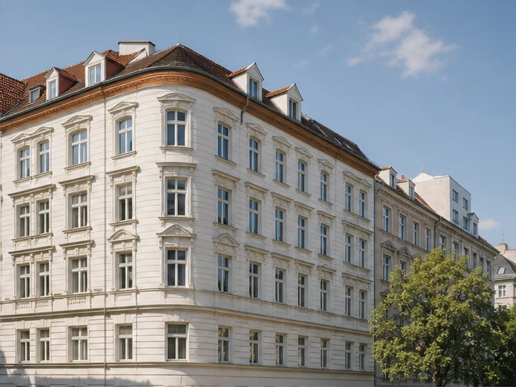 Helle Fassade eines österreichischen Mehrparteienhauses